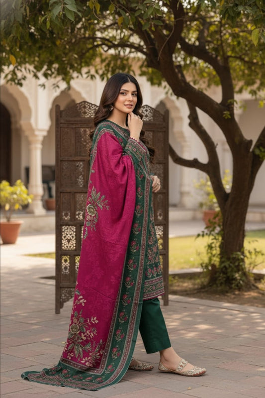 Winter Luxe Stitched – ZR2804 Printed Khaddar 3PC Bottle Green Suit with Khaddar Dupatta