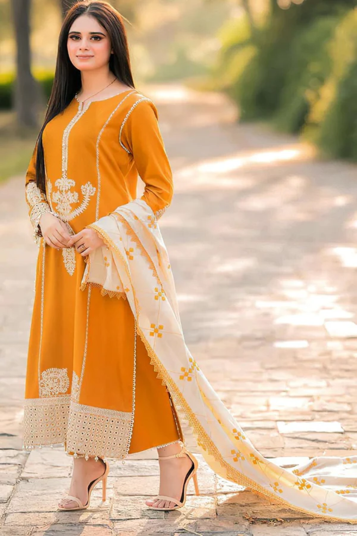 💛 ZRJ325K – MUSTARD EMBROIDERED DHANAK 3-PIECE SUIT | WINTER BLOOM COLLECTION