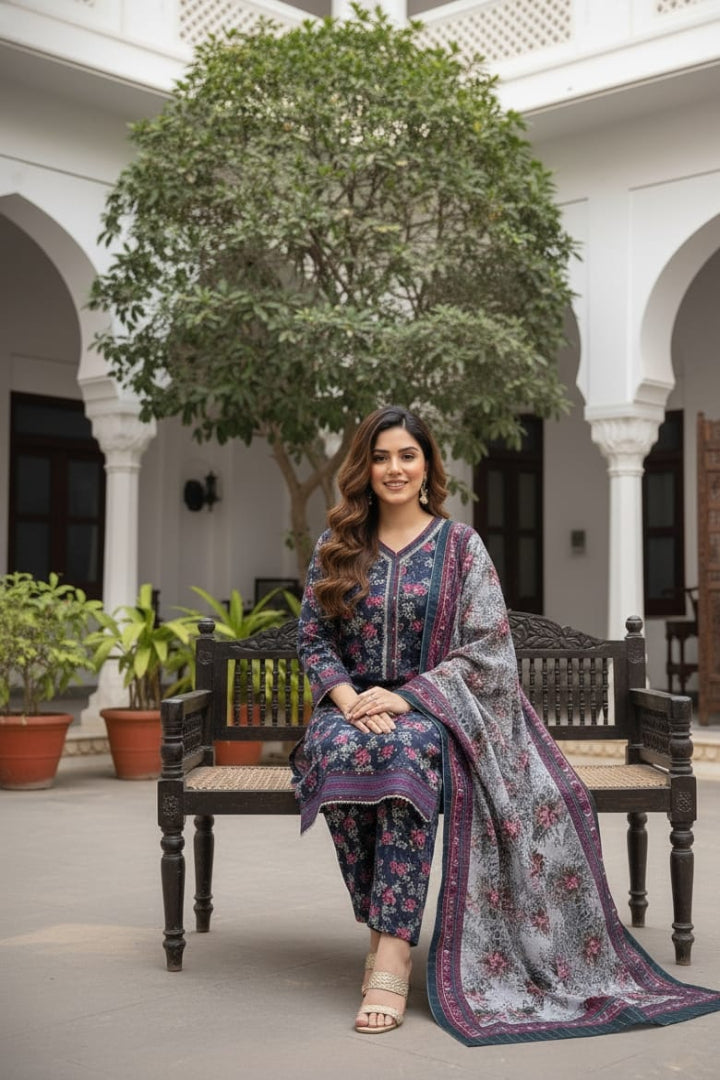 Winter Luxe Stitched – ZR2801 Blue Floral Printed 3PC Premium Khaddar Suit