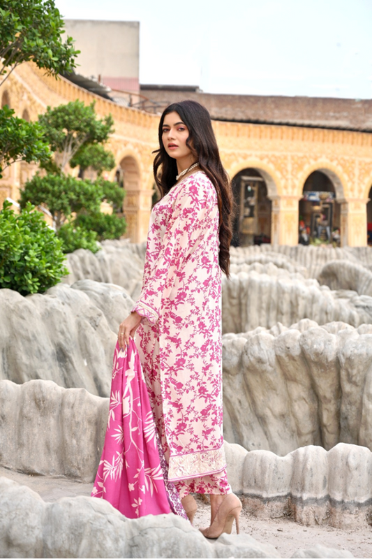Rose Bloom - Embroidered Doria Linen Stitched Suit (SKU: 3056)