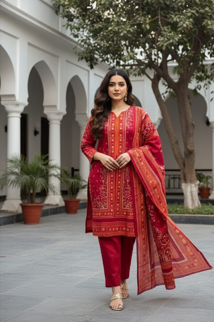 ZR2807 – Premium Printed Khaddar 3PC | Deep Red Floral Shirt & Dupatta | Plain Dyed Trouser | Winter Luxe Stitched