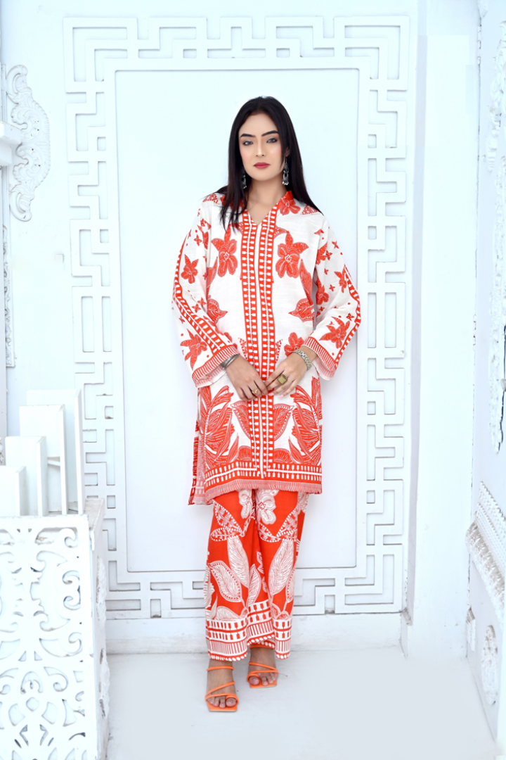 ZA-C1452 – Orange & White Floral Printed Co-Ord Set | Soft Khaddar | Free Size