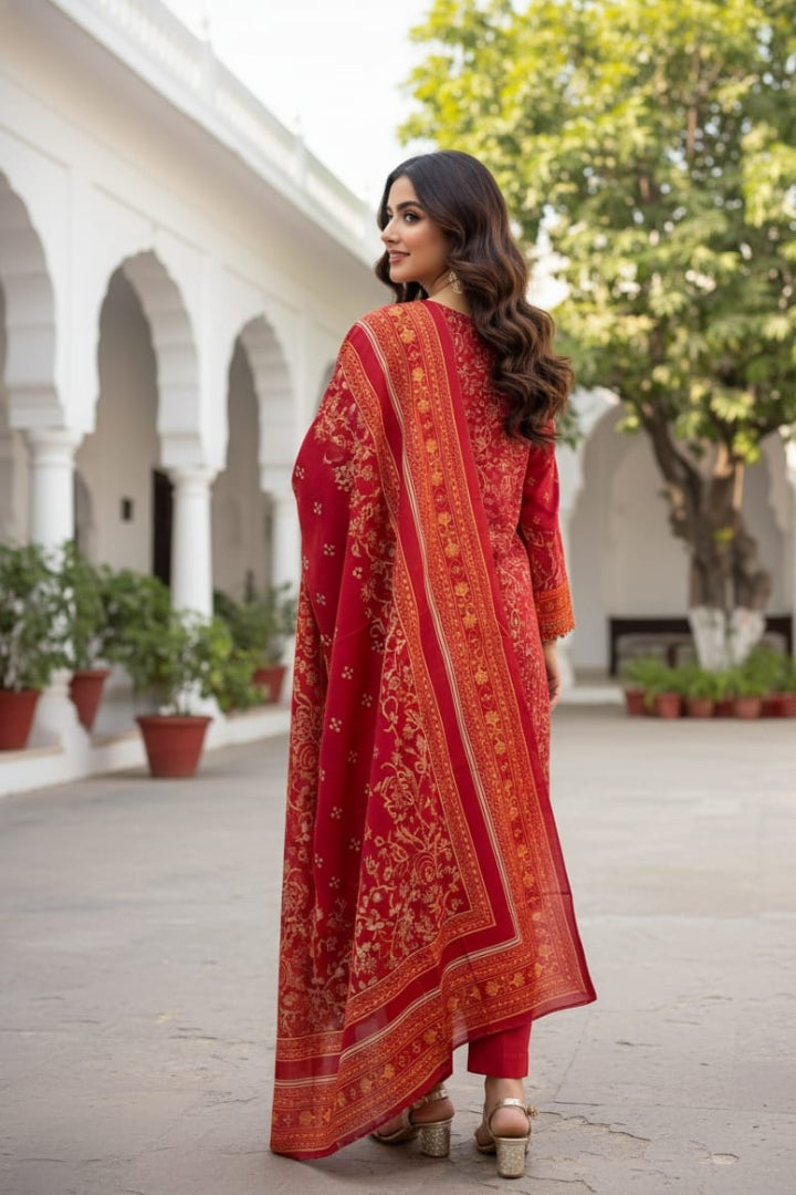 ZR2807 – Premium Printed Khaddar 3PC | Deep Red Floral Shirt & Dupatta | Plain Dyed Trouser | Winter Luxe Stitched
