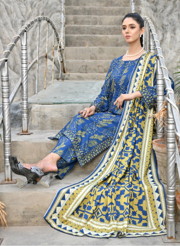 Royal Blue Fusion - Embroidered Doria Linen Stitched Suit (SKU: 3057)