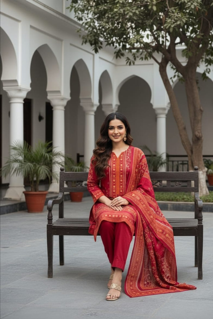 ZR2807 – Premium Printed Khaddar 3PC | Deep Red Floral Shirt & Dupatta | Plain Dyed Trouser | Winter Luxe Stitched