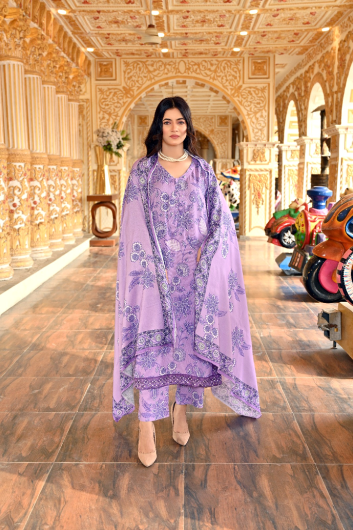Lavender Dream - Printed Premium Doria Linen Stitched Suit (SKU: 3059)