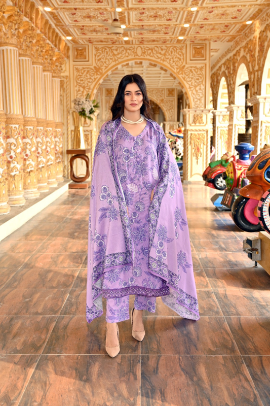 Lavender Dream - Printed Premium Doria Linen Stitched Suit (SKU: 3059)