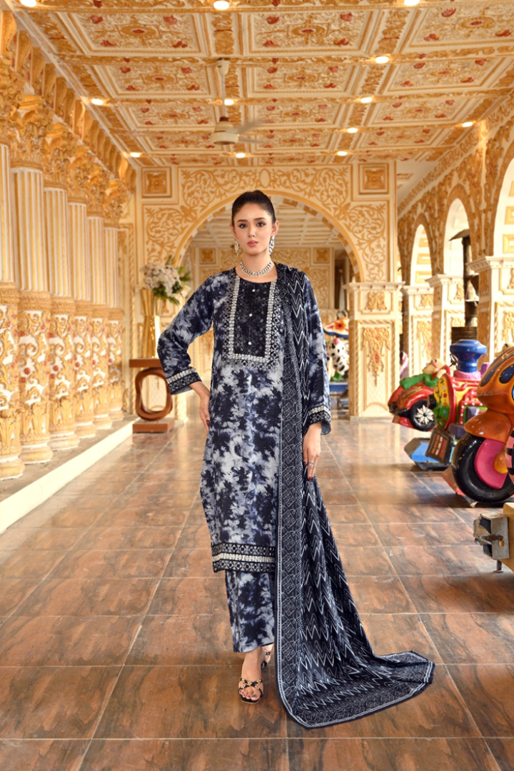 Midnight Batik - Embroidered Doria Linen Stitched Suit (SKU: 3050)