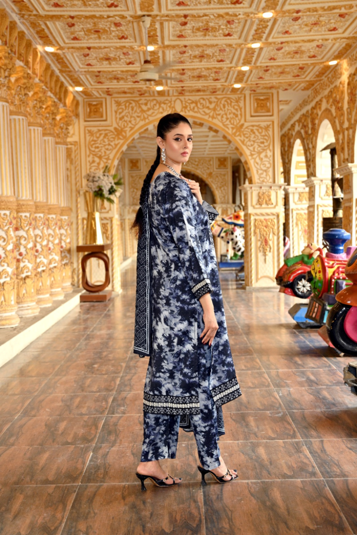 Midnight Batik - Embroidered Doria Linen Stitched Suit (SKU: 3050)