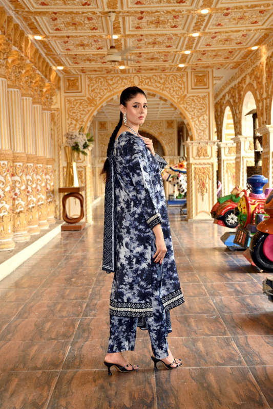 Midnight Batik - Embroidered Doria Linen Stitched Suit (SKU: 3050)