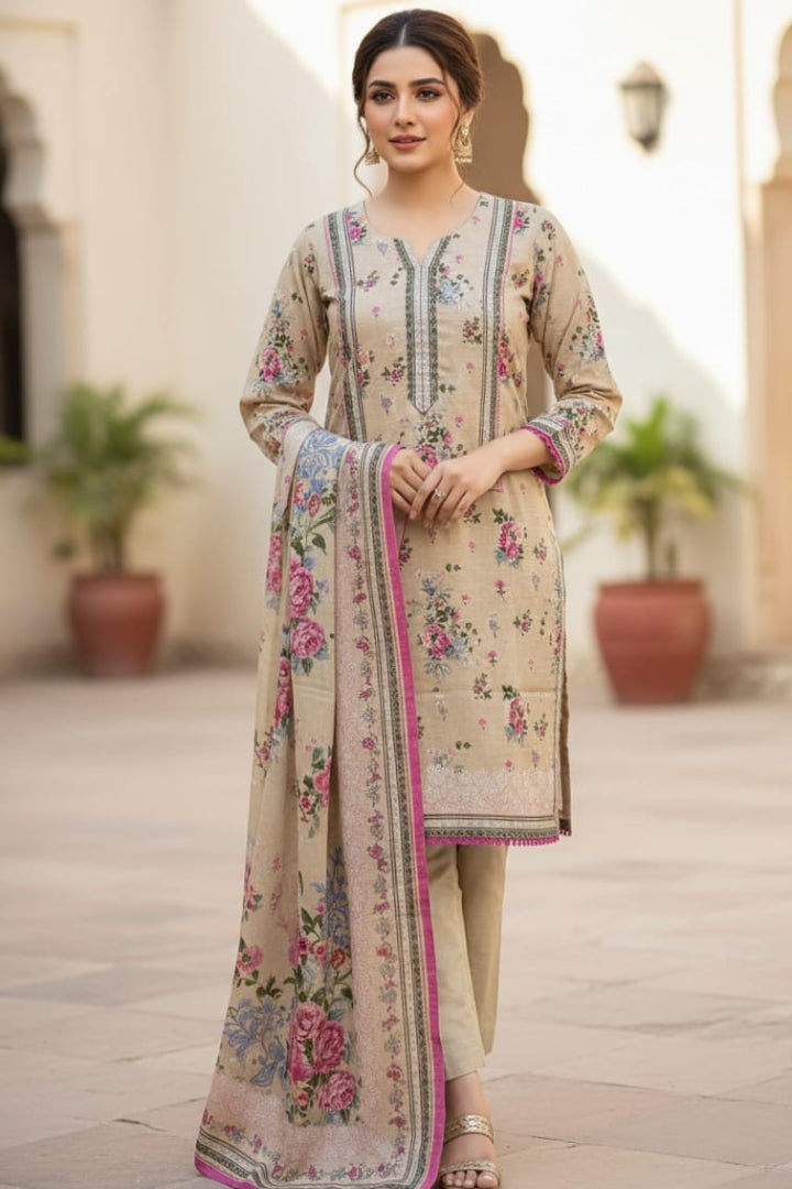ZR2805 – Premium Printed Khaddar 3PC  Skin with Pink Floral Khaddar Dupatta | Winter Luxe Stitched Collection