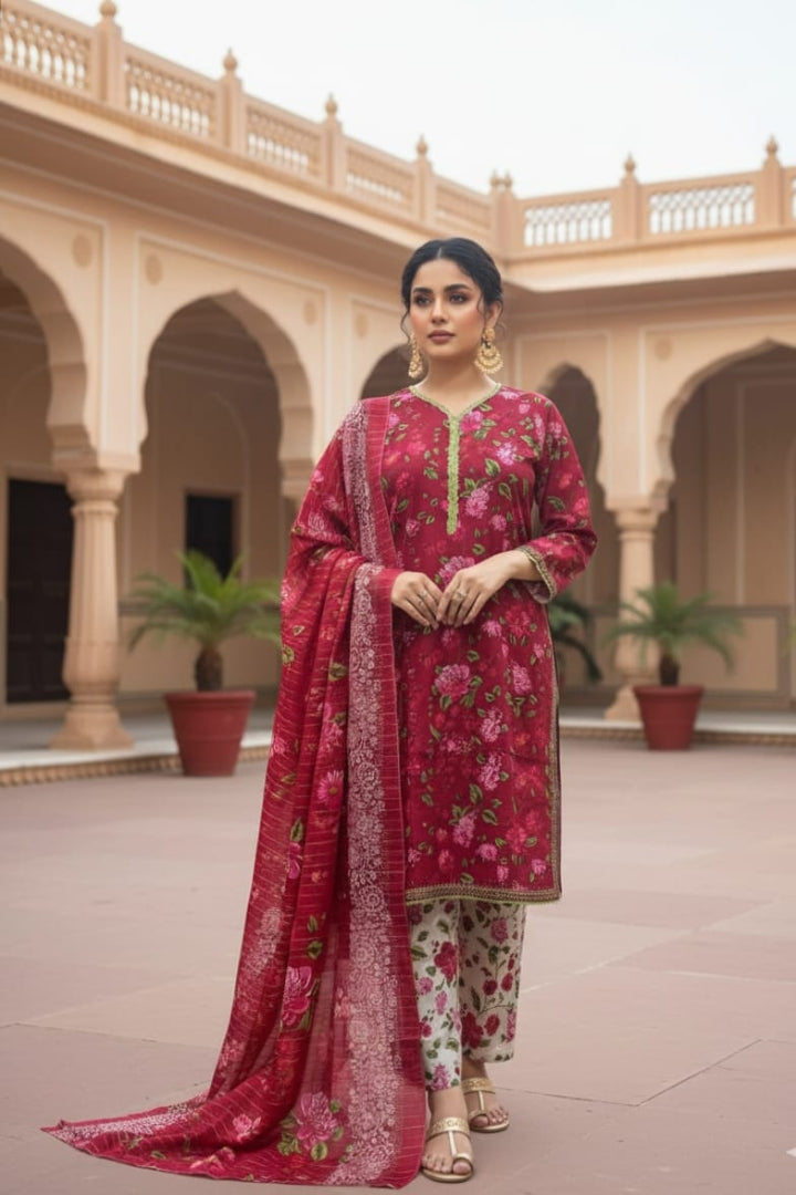 ZR2806 – Premium Printed Khaddar 3PC | Red Floral Shirt & Dupatta with White Printed Trouser | Winter Luxe Stitched