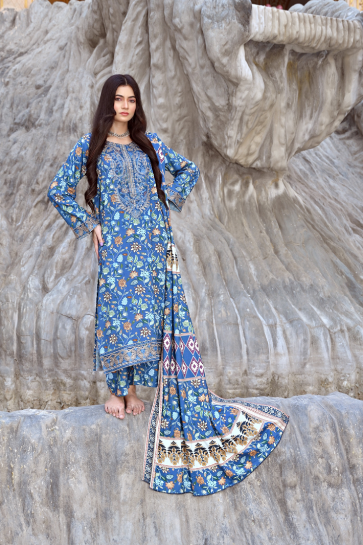 Blue - Embroidered Premium Doria Linen Stitched Suit (SKU: 3053)