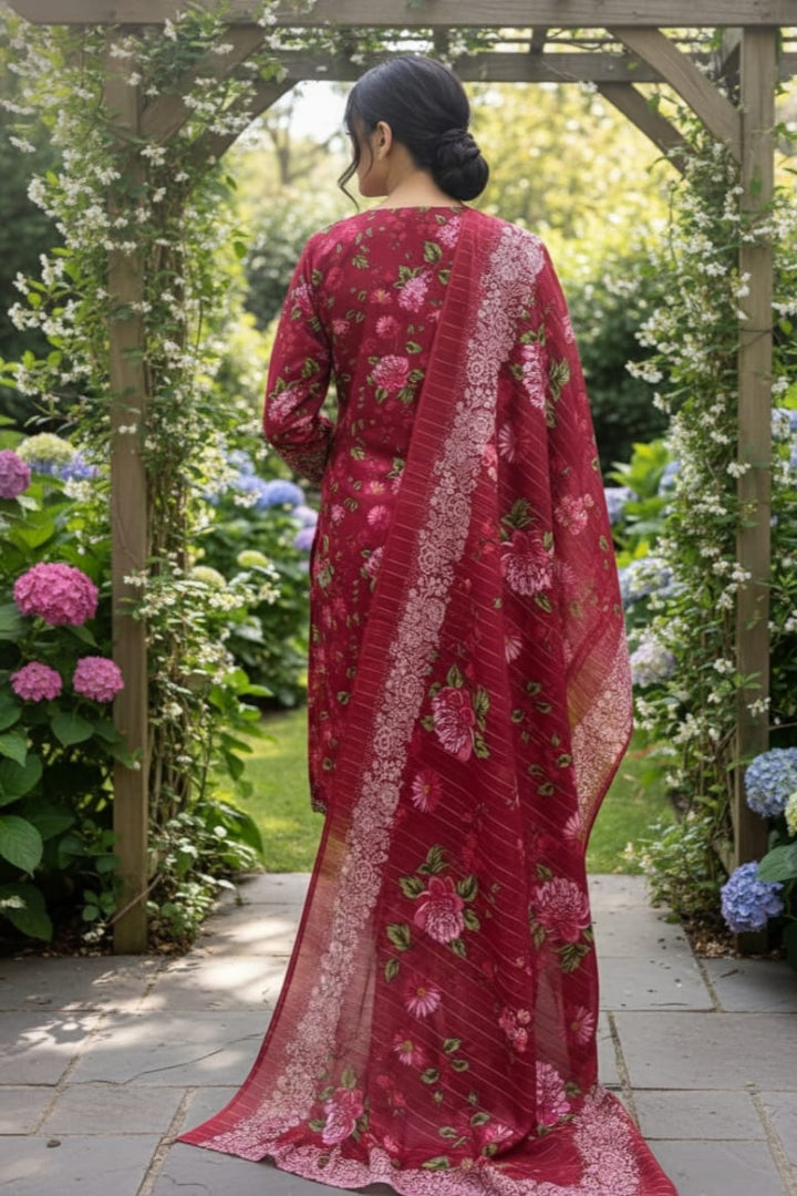 ZR2806 – Premium Printed Khaddar 3PC | Red Floral Shirt & Dupatta with White Printed Trouser | Winter Luxe Stitched