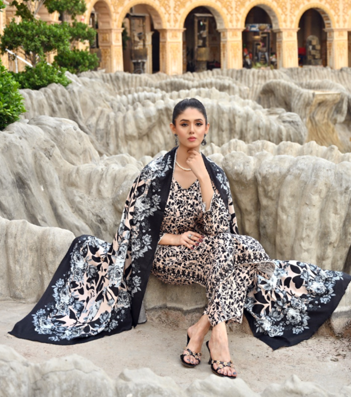 Monochrome Bloom - Embroidered Doria Linen Stitched Suit (SKU: 3054)