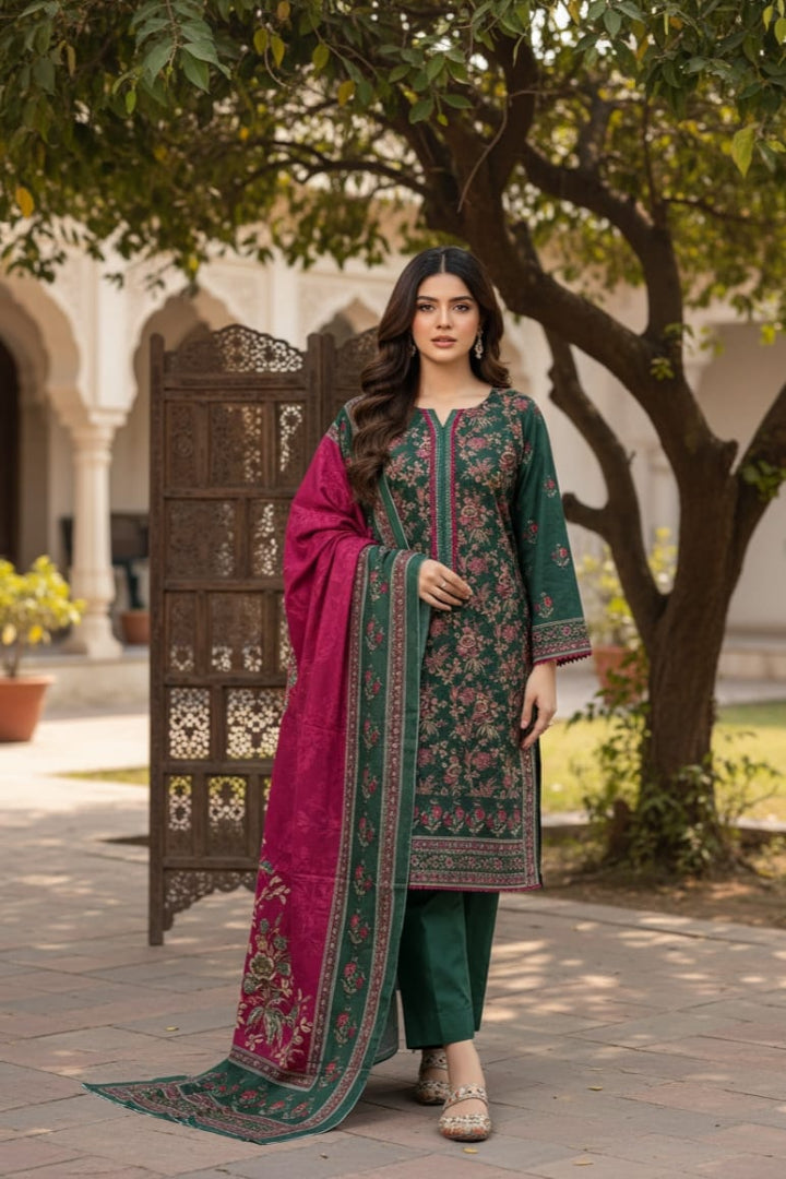 Winter Luxe Stitched – ZR2804 Printed Khaddar 3PC Bottle Green Suit with Khaddar Dupatta