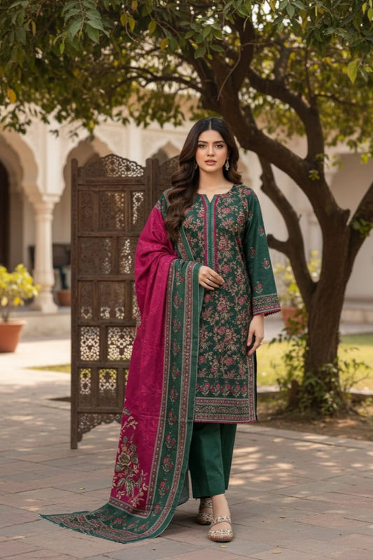 Winter Luxe Stitched – ZR2804 Printed Khaddar 3PC Bottle Green Suit with Khaddar Dupatta