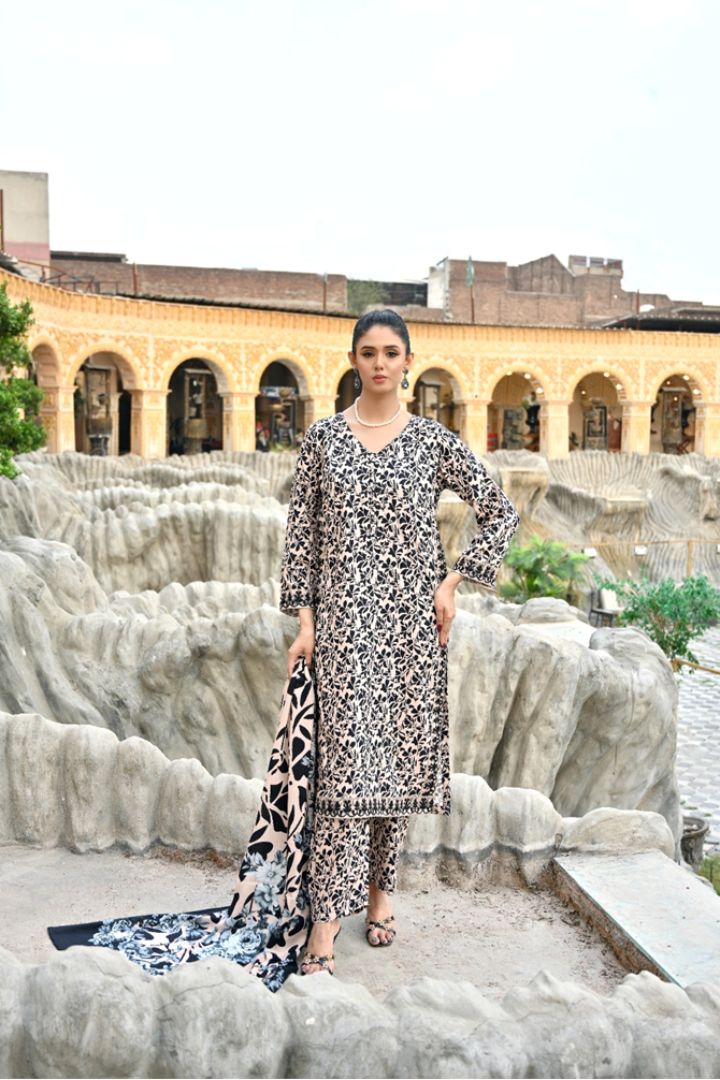 Monochrome Bloom - Embroidered Doria Linen Stitched Suit (SKU: 3054)