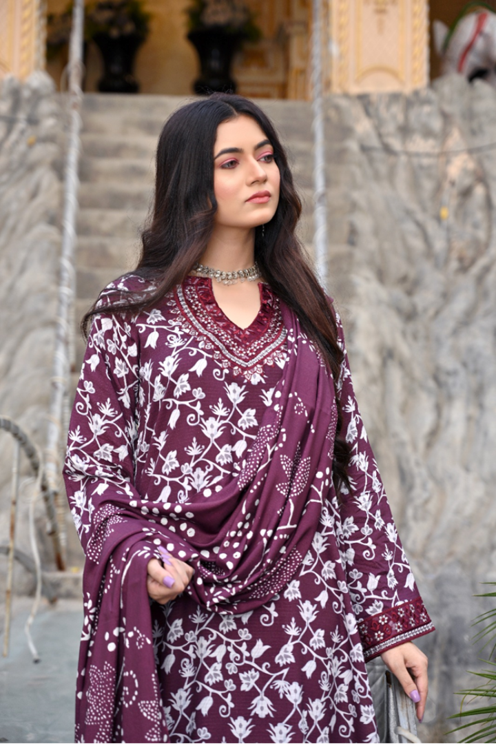 ZR3051 – Premium Doria Linen Printed 3-Piece Stitched Suit with Embroidered Neckline & Daman Patch