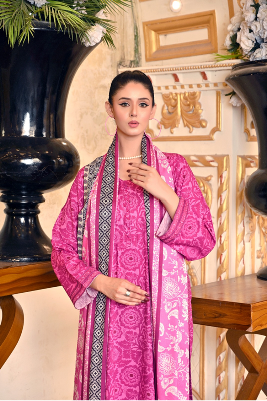 Dark Pink Delight - Embroidered Doria Linen Stitched Suit (SKU: 3055)