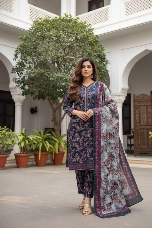 Winter Luxe Stitched – ZR2801 Blue Floral Printed 3PC Premium Khaddar Suit