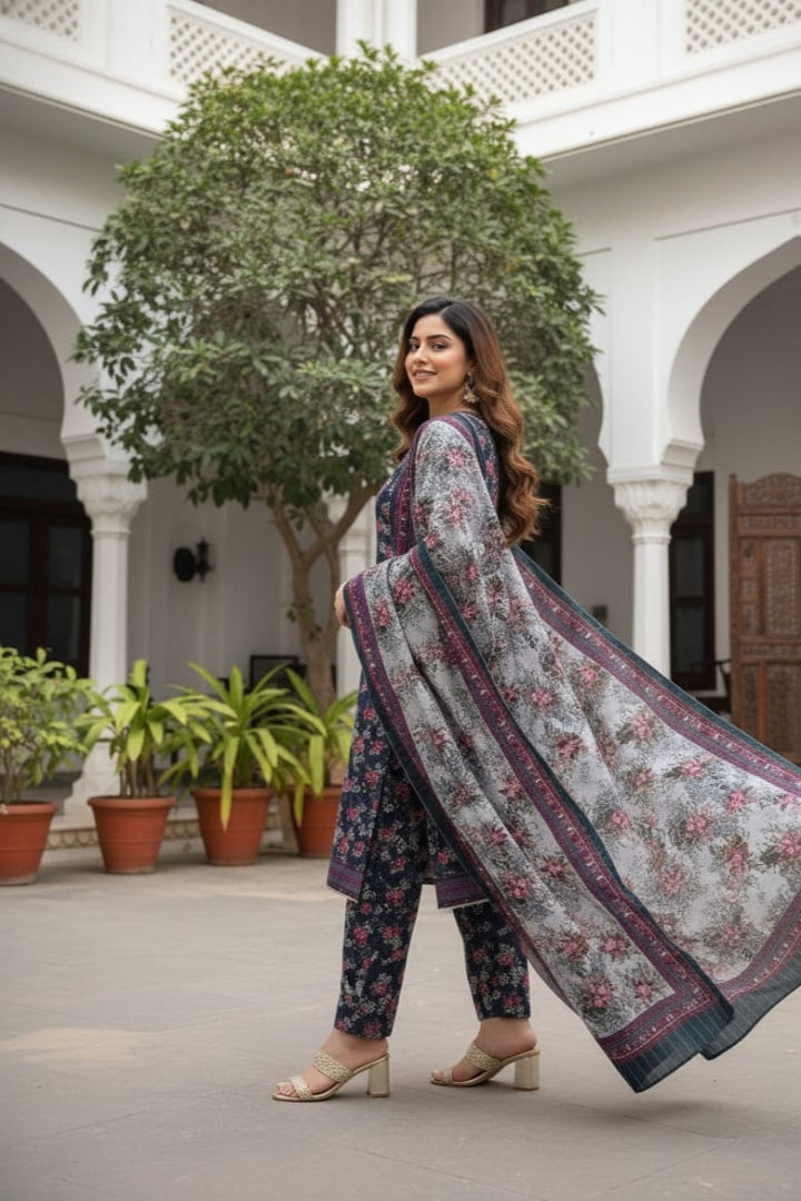 Winter Luxe Stitched – ZR2801 Blue Floral Printed 3PC Premium Khaddar Suit