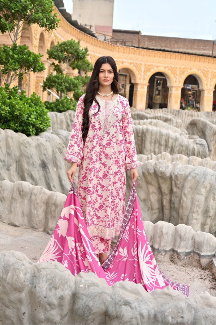 Rose Bloom - Embroidered Doria Linen Stitched Suit (SKU: 3056)