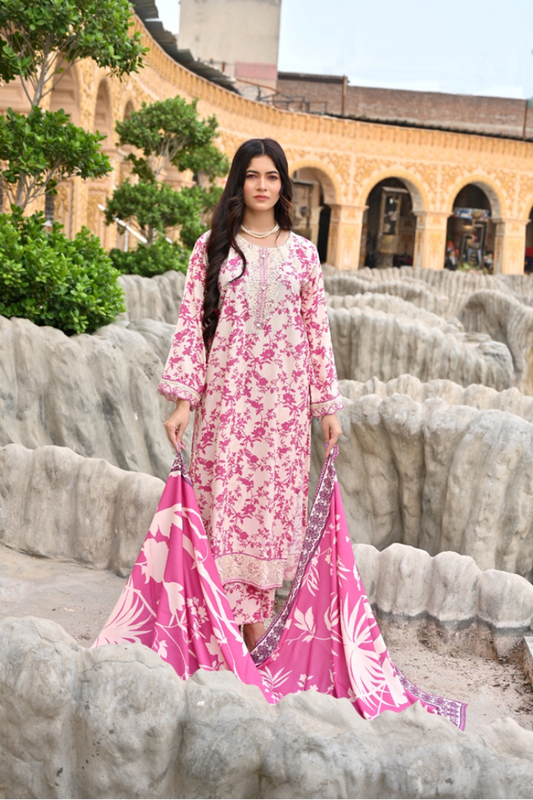 Rose Bloom - Embroidered Doria Linen Stitched Suit (SKU: 3056)