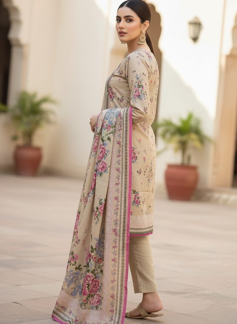 ZR2805 – Premium Printed Khaddar 3PC  Skin with Pink Floral Khaddar Dupatta | Winter Luxe Stitched Collection