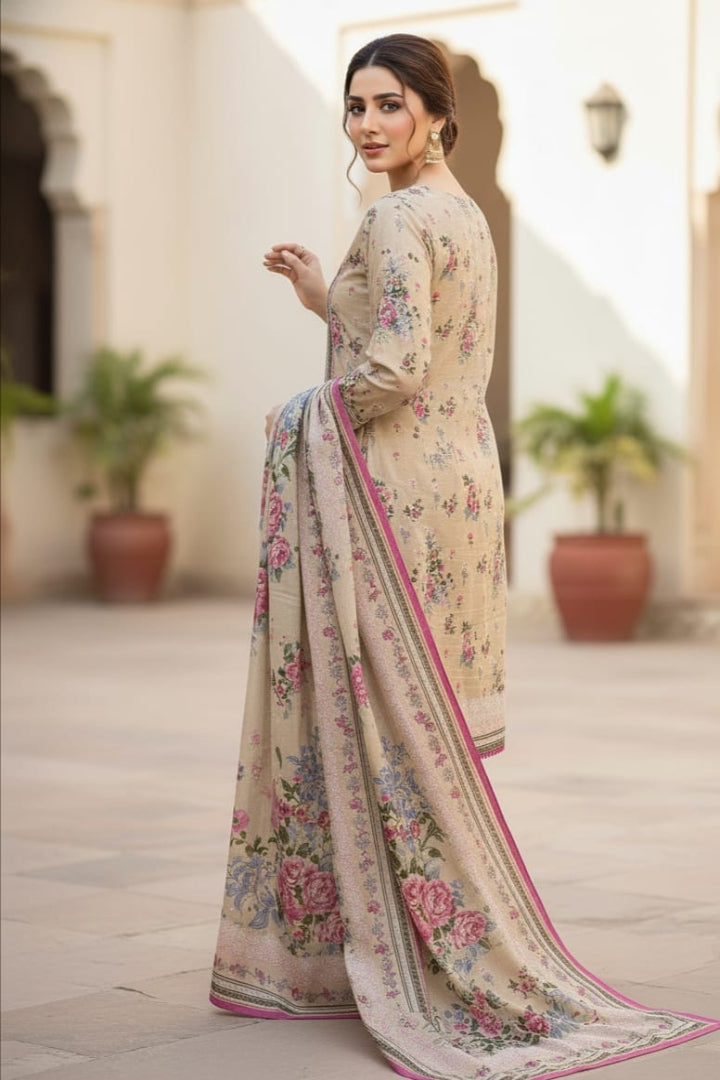 ZR2805 – Premium Printed Khaddar 3PC  Skin with Pink Floral Khaddar Dupatta | Winter Luxe Stitched Collection